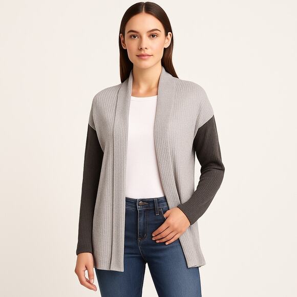 Bobeau Women’s M Gray Colorblock Waffle Knit Open Front Cardigan Sweater - Picture 1 of 13
